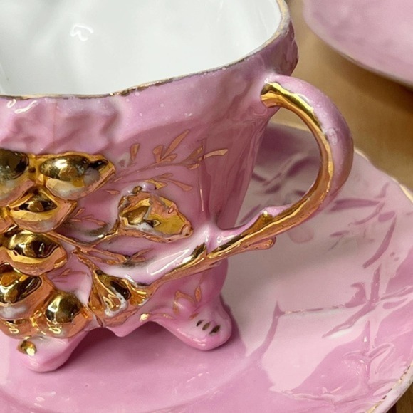 Pink & Gold Lusterware Set of 5 Teacup & Saucer Victorian Luster‎ Raised Grapes - Picture 6 of 16